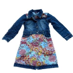 MINI MINORS Girls Dress Denim Top Floral Skirt Size 4 Long Sleeve Pockets Blue